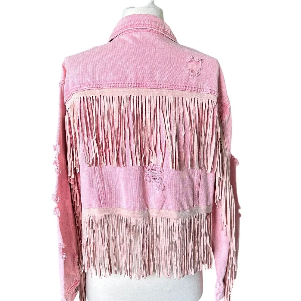 Cropped Pink Distressed Fringe Denim Jean Jacket L Western Cowgirl Festival